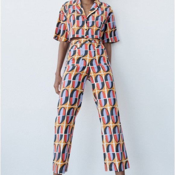 Zara Straight Cut Printed Pants Ocher S - Picture 8 of 8